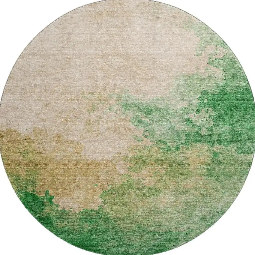8' Peach Emerald And Beige Abstract Washable Round Rug With UV Protection Photo 3