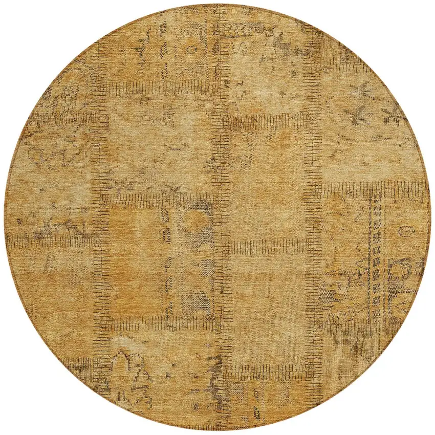 8' Peach Gray And Charcoal Round Patchwork Washable Indoor Outdoor Area Rug Photo 5