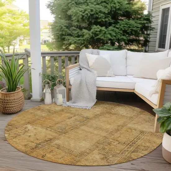 8' Peach Gray And Charcoal Round Patchwork Washable Indoor Outdoor Area Rug Photo 6