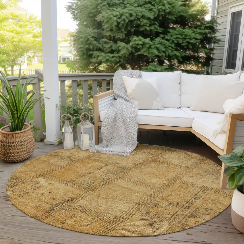 8' Peach Gray And Charcoal Round Patchwork Washable Indoor Outdoor Area Rug Photo 6
