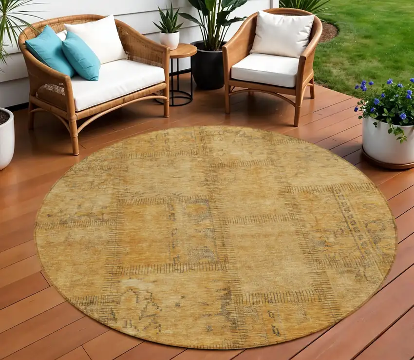 8' Peach Gray And Charcoal Round Patchwork Washable Indoor Outdoor Area Rug Photo 1