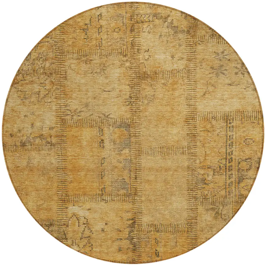 8' Peach Gray And Charcoal Round Patchwork Washable Indoor Outdoor Area Rug Photo 2