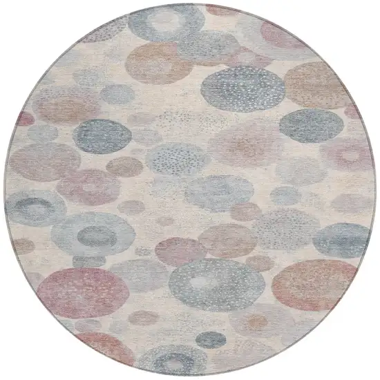 8' Peach Gray And Denim Blue Round Geometric Washable Indoor Outdoor Area Rug Photo 3