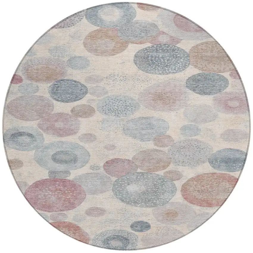 8' Peach Gray And Denim Blue Round Geometric Washable Indoor Outdoor Area Rug Photo 3