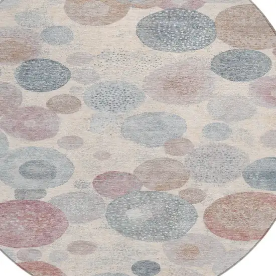8' Peach Gray And Denim Blue Round Geometric Washable Indoor Outdoor Area Rug Photo 8