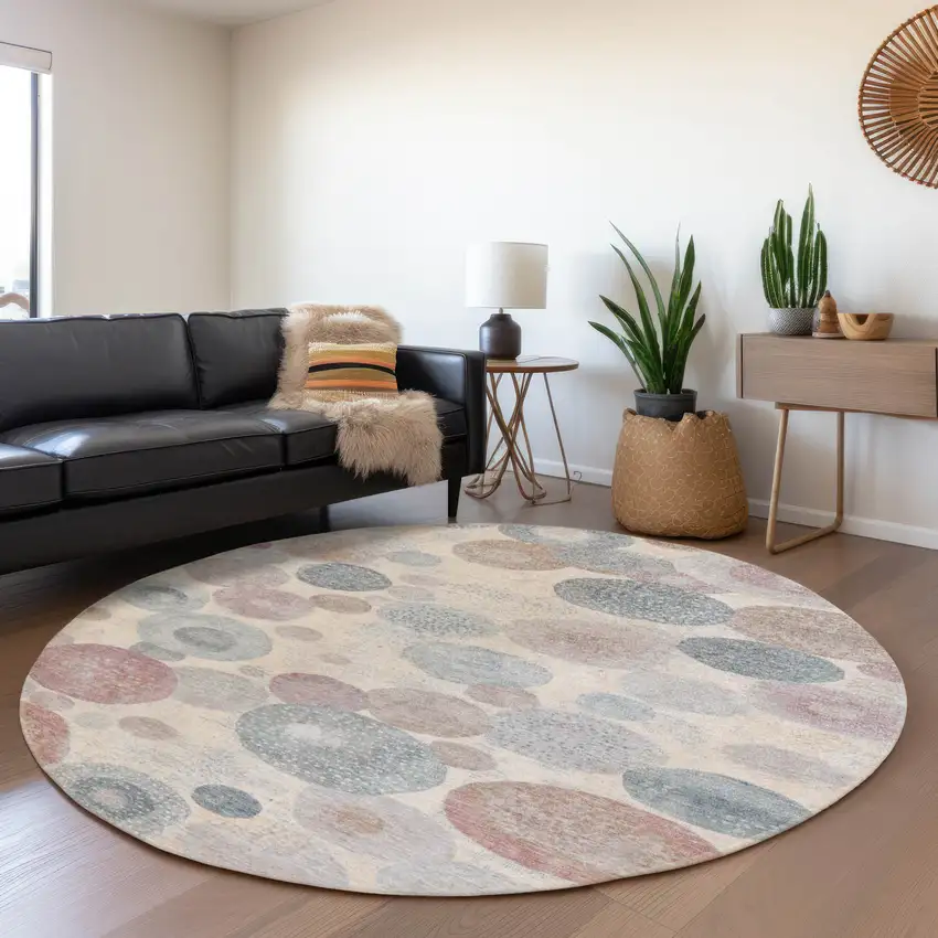 8' Peach Gray And Denim Blue Round Geometric Washable Indoor Outdoor Area Rug Photo 6
