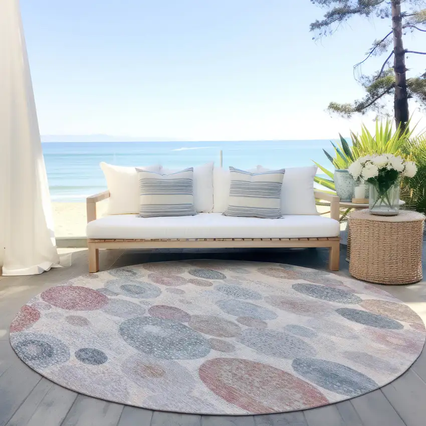 8' Peach Gray And Denim Blue Round Geometric Washable Indoor Outdoor Area Rug Photo 5