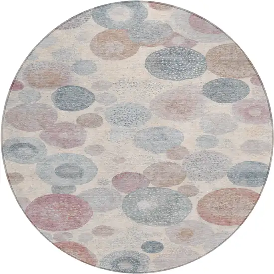 8' Peach Gray And Denim Blue Round Geometric Washable Indoor Outdoor Area Rug Photo 1