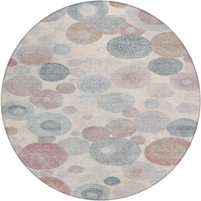 8' Peach Gray And Denim Blue Round Geometric Washable Indoor Outdoor Area Rug Photo 1