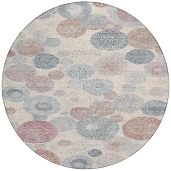 8' Peach Gray And Denim Blue Round Geometric Washable Indoor Outdoor Area Rug Photo 4