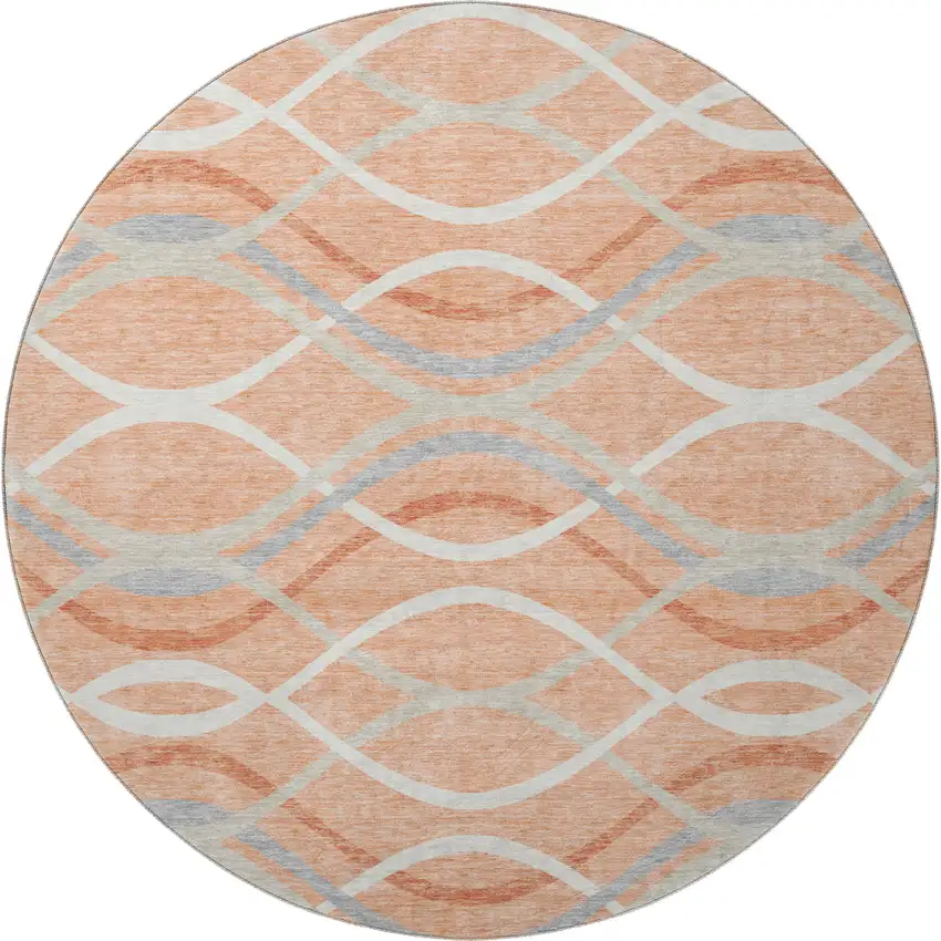 8' Peach Gray And Ivory Abstract Washable Round Rug With UV Protection Photo 3