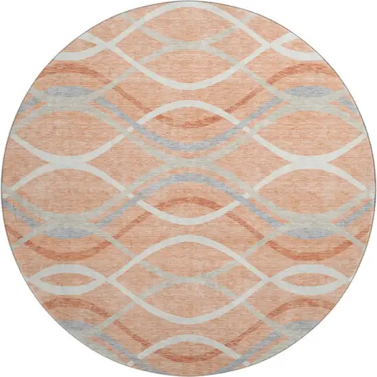 8' Peach Gray And Ivory Abstract Washable Round Rug With UV Protection Photo 1