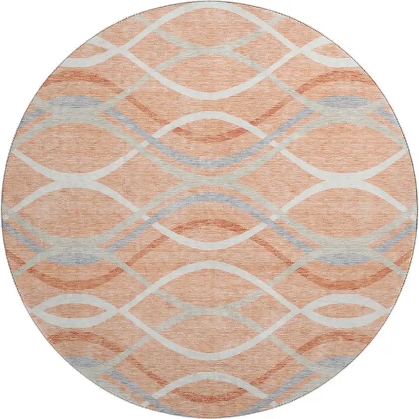 8' Peach Gray And Ivory Abstract Washable Round Rug With UV Protection Photo 1