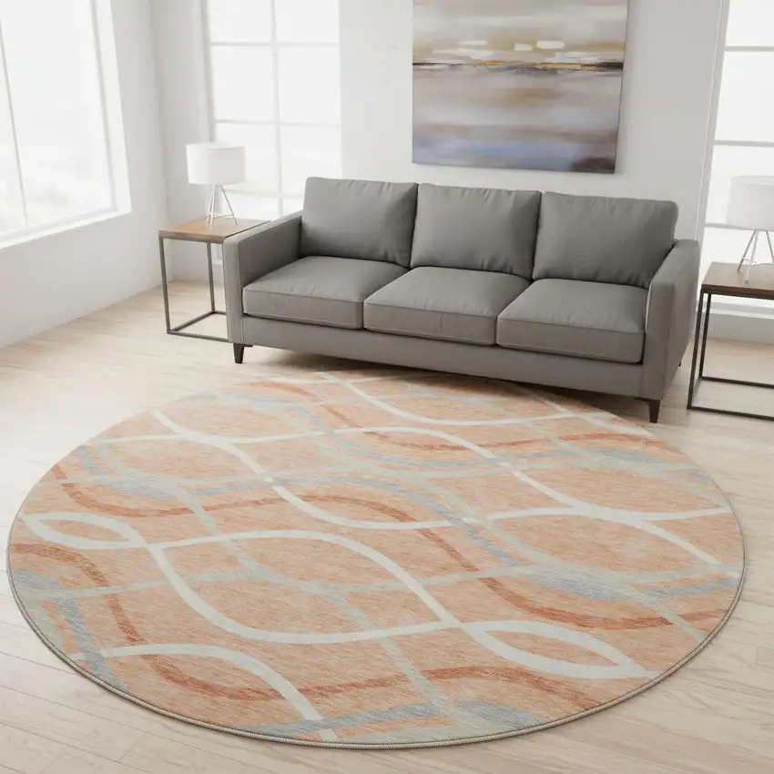 8' Peach Gray And Ivory Abstract Washable Round Rug With UV Protection Photo 2