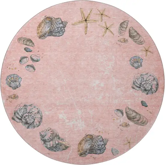 8' Peach Gray And Ivory Geometric Washable Round Rug With UV Protection Photo 3