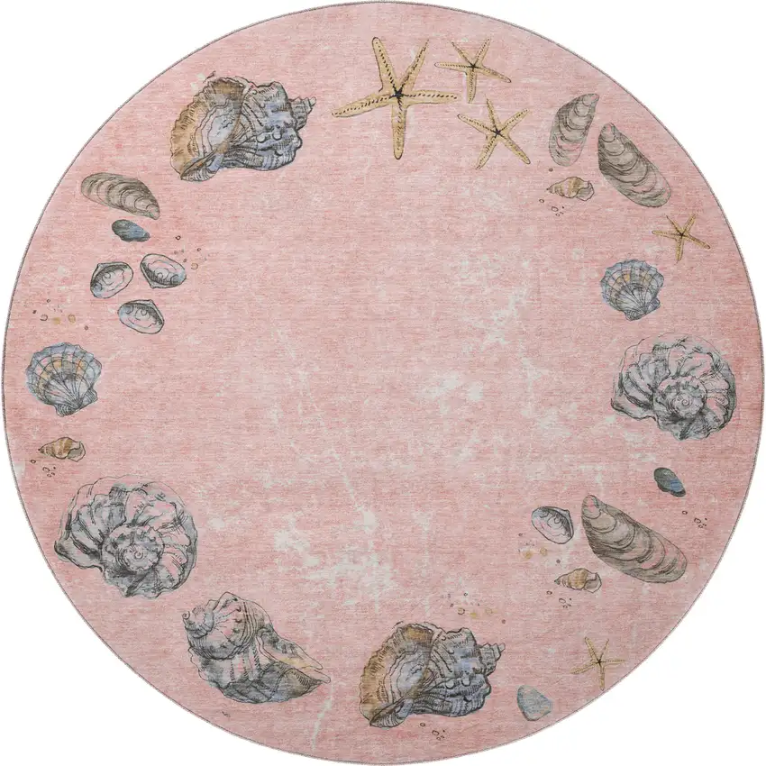 8' Peach Gray And Ivory Geometric Washable Round Rug With UV Protection Photo 3