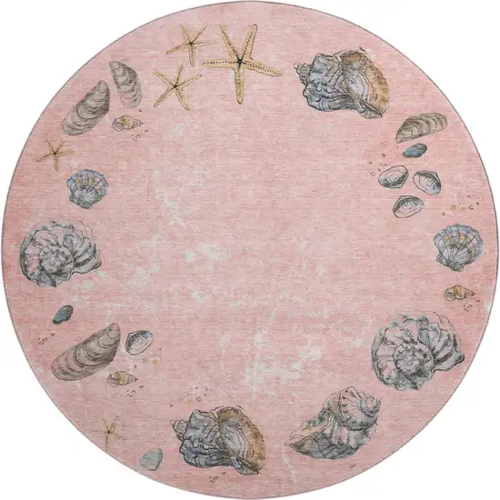 8' Peach Gray And Ivory Geometric Washable Round Rug With UV Protection Photo 1