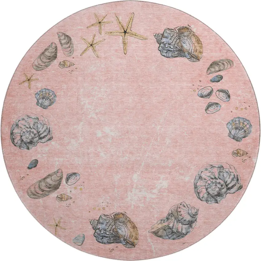 8' Peach Gray And Ivory Geometric Washable Round Rug With UV Protection Photo 1