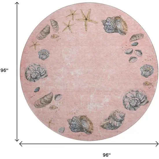 8' Peach Gray And Ivory Geometric Washable Round Rug With UV Protection Photo 9