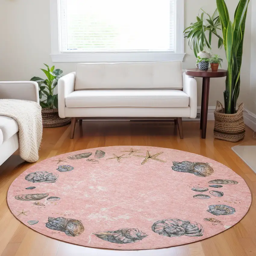 8' Peach Gray And Ivory Geometric Washable Round Rug With UV Protection Photo 4