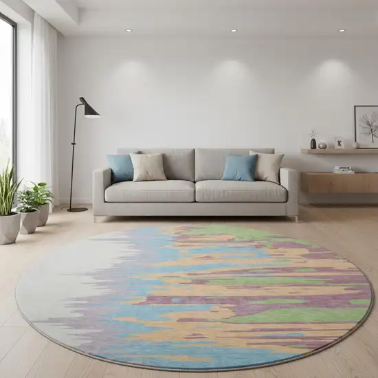 8' Peach Green And Blue Abstract Washable Round Rug With UV Protection Photo 2