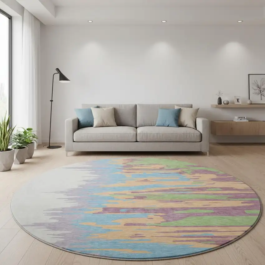 8' Peach Green And Blue Abstract Washable Round Rug With UV Protection Photo 2