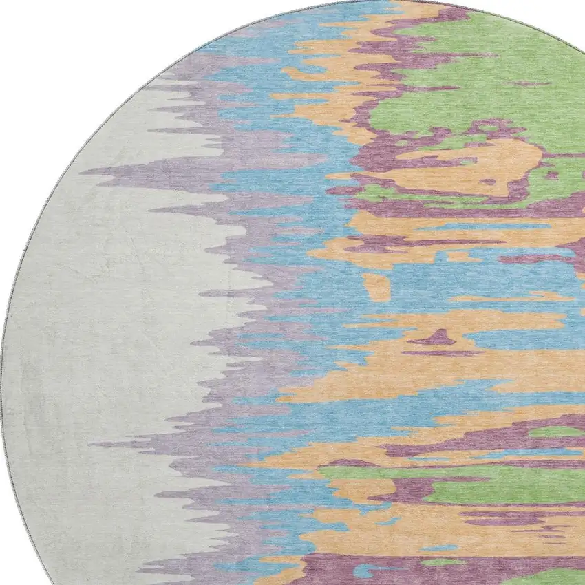 8' Peach Green And Blue Abstract Washable Round Rug With UV Protection Photo 2