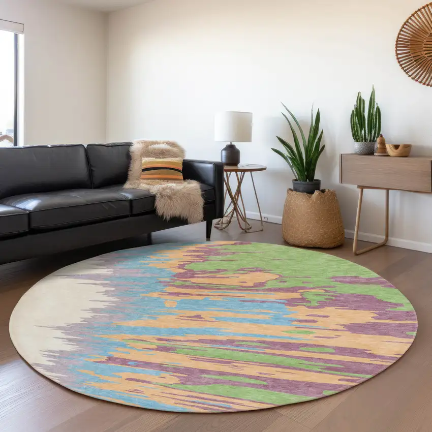 8' Peach Green And Blue Abstract Washable Round Rug With UV Protection Photo 4