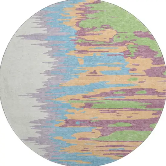 8' Peach Green And Blue Abstract Washable Round Rug With UV Protection Photo 3