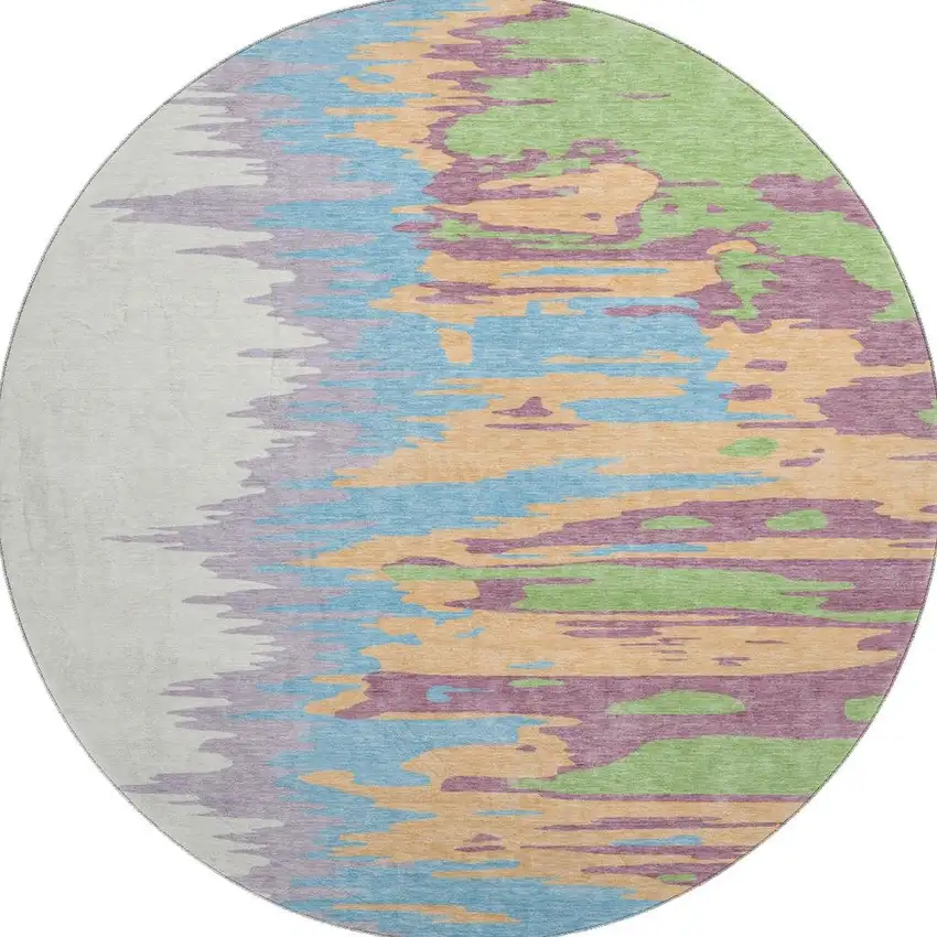 8' Peach Green And Blue Abstract Washable Round Rug With UV Protection Photo 3