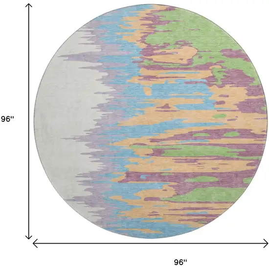 8' Peach Green And Blue Abstract Washable Round Rug With UV Protection Photo 9