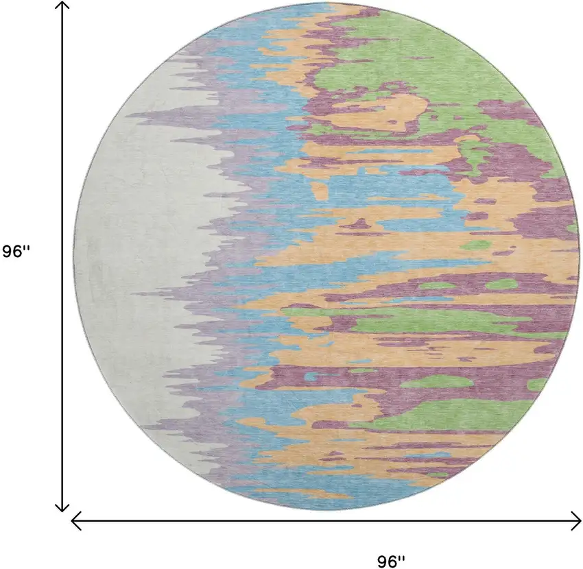 8' Peach Green And Blue Abstract Washable Round Rug With UV Protection Photo 9