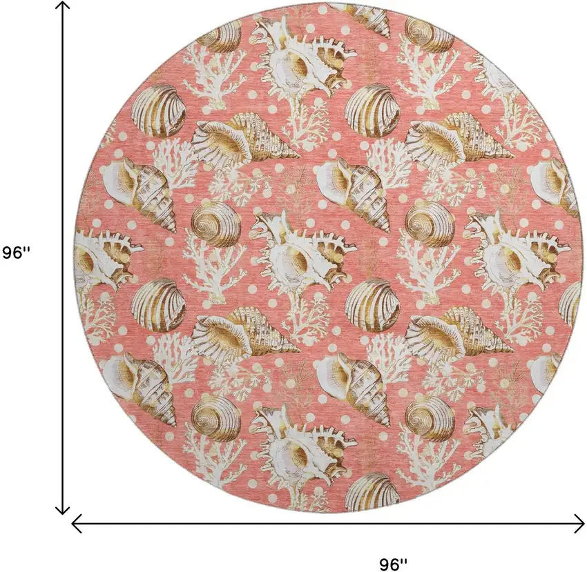 8' Peach Ivory And Beige Geometric Washable Round Rug With UV Protection Photo 9