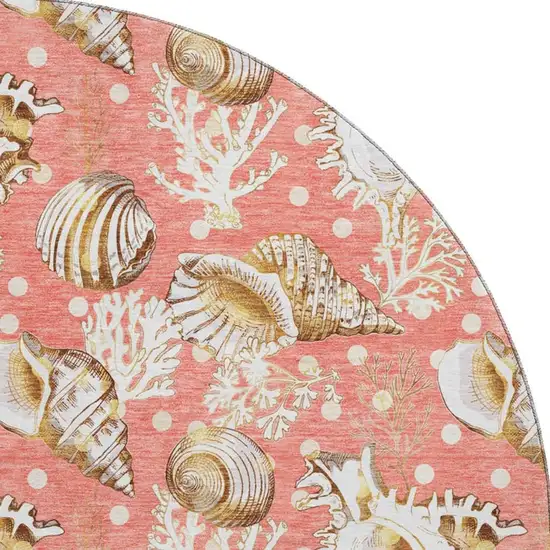 8' Peach Ivory And Beige Geometric Washable Round Rug With UV Protection Photo 3