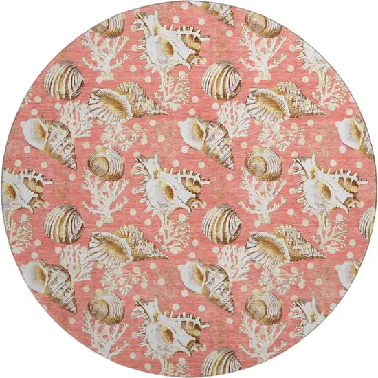 8' Peach Ivory And Beige Geometric Washable Round Rug With UV Protection Photo 1