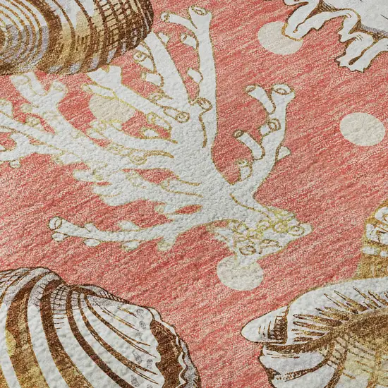 8' Peach Ivory And Beige Geometric Washable Round Rug With UV Protection Photo 8