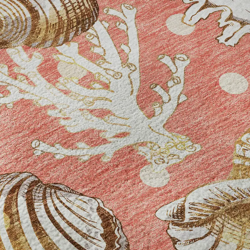 8' Peach Ivory And Beige Geometric Washable Round Rug With UV Protection Photo 8