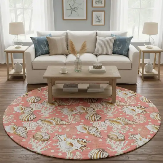 8' Peach Ivory And Beige Geometric Washable Round Rug With UV Protection Photo 1