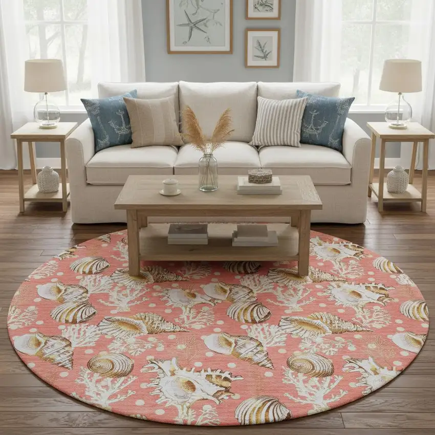8' Peach Ivory And Beige Geometric Washable Round Rug With UV Protection Photo 1