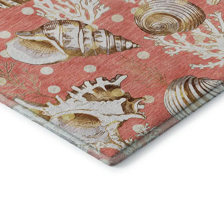 8' Peach Ivory And Beige Geometric Washable Round Rug With UV Protection Photo 6