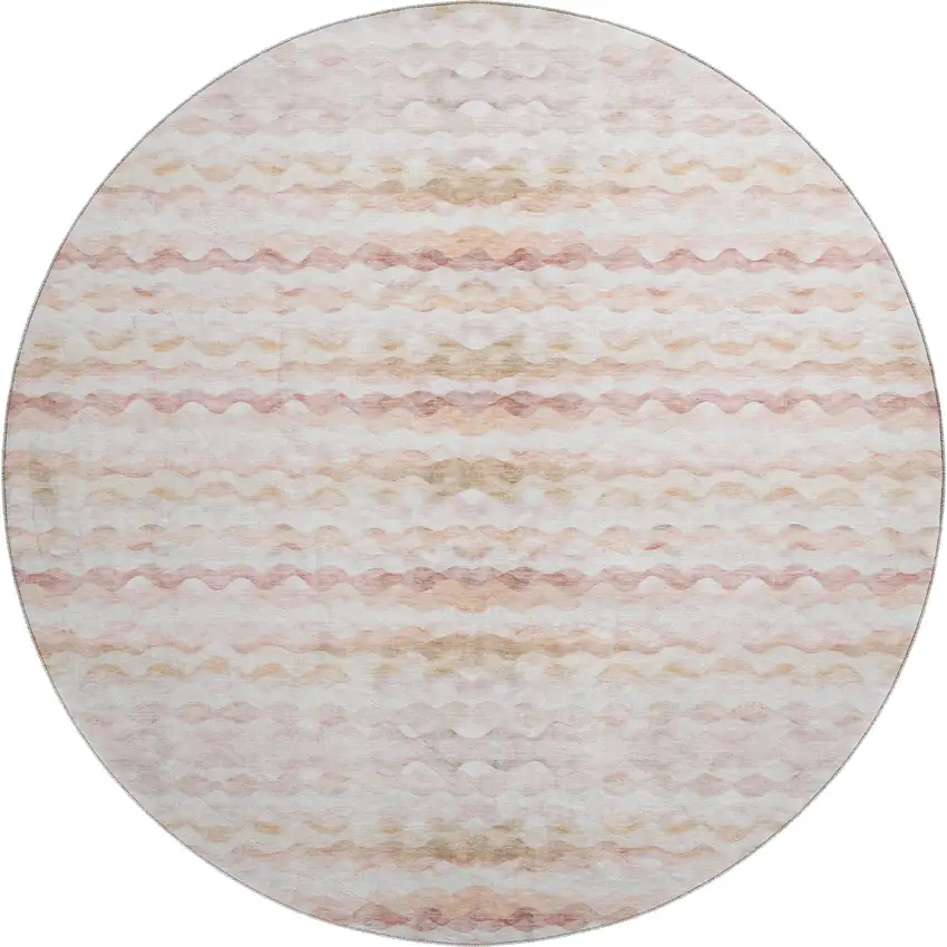 8' Peach Ivory And Beige Geometric Washable Round Rug With UV Protection Photo 1