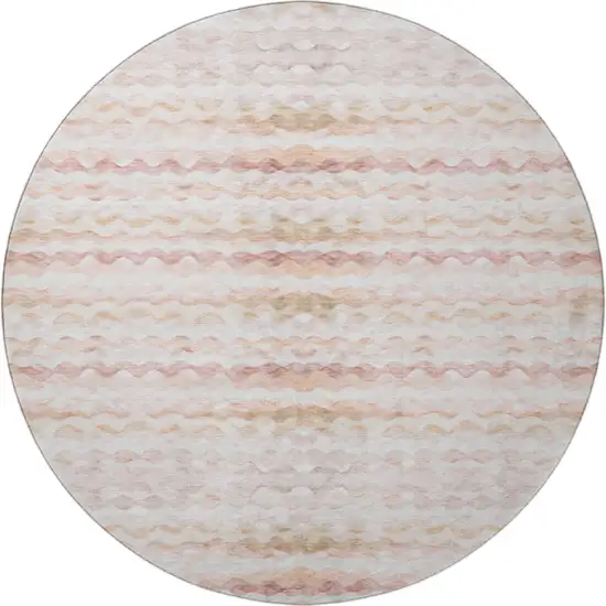 8' Peach Ivory And Beige Geometric Washable Round Rug With UV Protection Photo 3
