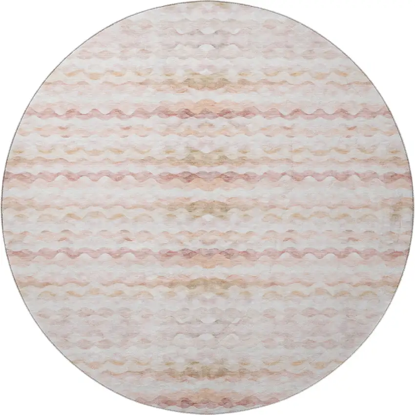 8' Peach Ivory And Beige Geometric Washable Round Rug With UV Protection Photo 3