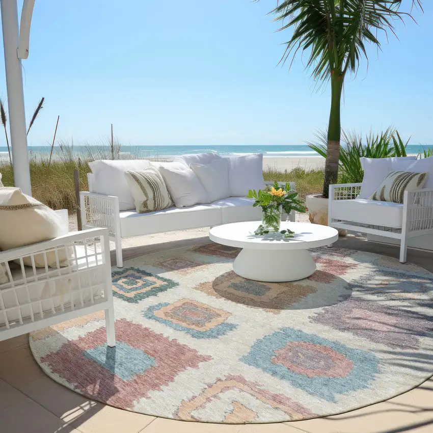 8' Peach Ivory And Beige Round Geometric Washable Indoor Outdoor Area Rug Photo 5