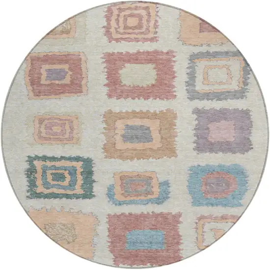 8' Peach Ivory And Beige Round Geometric Washable Indoor Outdoor Area Rug Photo 1