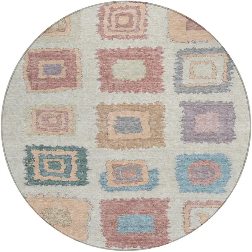 8' Peach Ivory And Beige Round Geometric Washable Indoor Outdoor Area Rug Photo 1