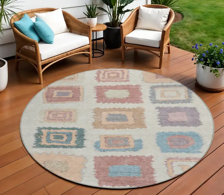 8' Peach Ivory And Beige Round Geometric Washable Indoor Outdoor Area Rug Photo 2
