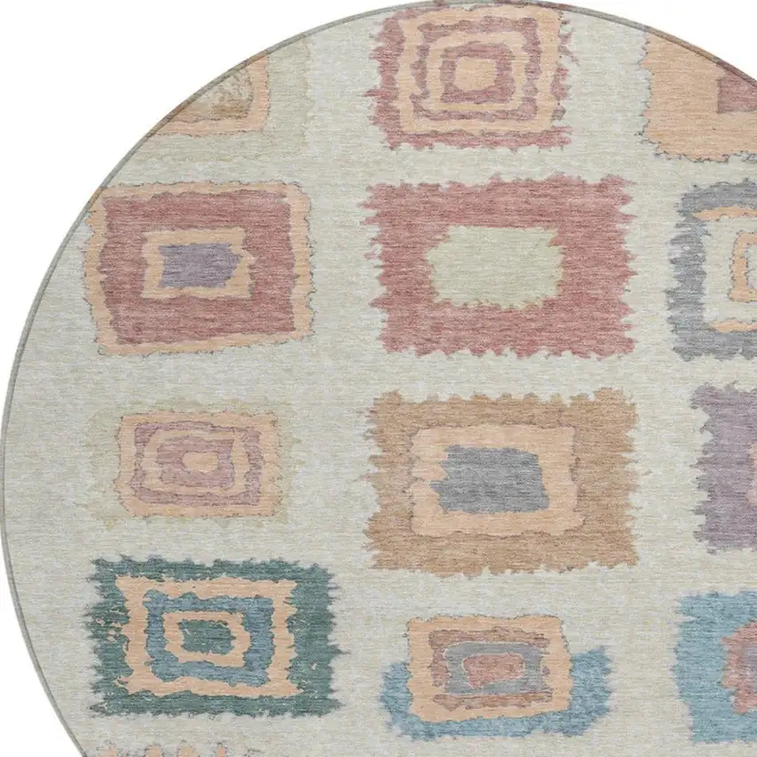 8' Peach Ivory And Beige Round Geometric Washable Indoor Outdoor Area Rug Photo 9
