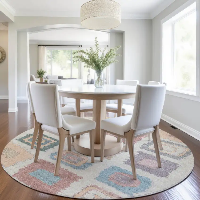 8' Peach Ivory And Beige Round Geometric Washable Indoor Outdoor Area Rug Photo 6