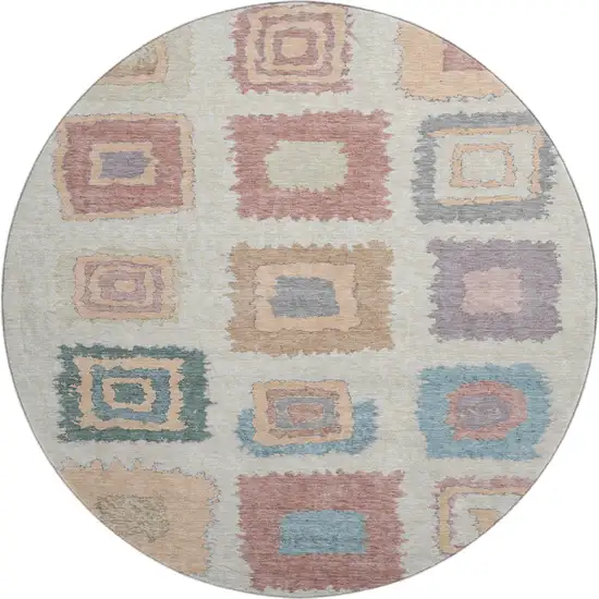 8' Peach Ivory And Blue Geometric Washable Round Rug With UV Protection Photo 1
